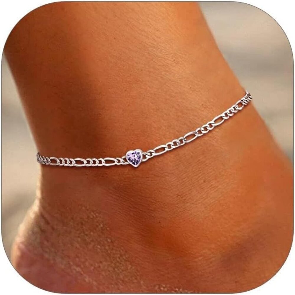 Sterling Silver Anklet Heart Birthstone Jewelry Summer Beach Footwear 8.5-10.5"